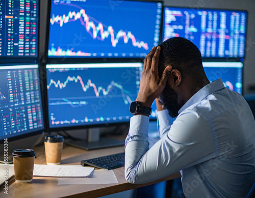 Stressed businessman financial charts