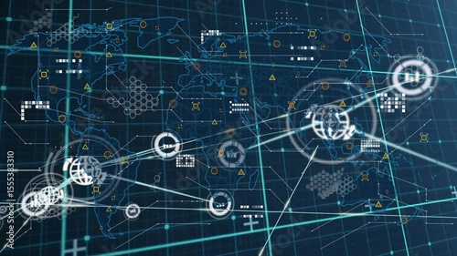 Dark grid expanding causing globe appearing, data nodes connecting illustrating global network
