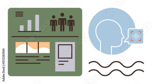 Dashboard with charts, graphs, user icons, and a profile symbol beside a voice recognition interface. Ideal for tech trends, communication, analytics, UX design, automation AI simple flat metaphor