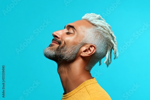 A glowing man radiating happiness and confidence. Visual idea of style for aging men. Blue solid background. Classy men's short dreads haircut - midlife white man with white hair.