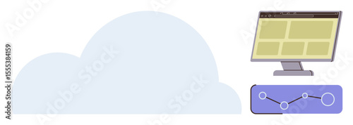 Large cloud shape, monitor with web layout, data chart with connected points. Ideal for cloud computing, data storage, analytics, technology, networking internet remote work. Simple flat metaphor