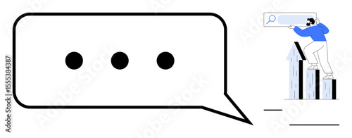 Speech bubble with ellipsis, person standing on bar graph holding search bar, symbolizing communication, data growth, progress, search for solutions, exploration, teamwork, simple flat metaphor