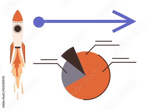 Rocket taking off beside a pie chart and long arrow indicating growth, analysis, and forward-thinking. Ideal for innovation, business strategy, data visualization, success, entrepreneurship, goals
