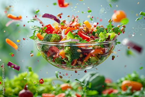 A large bowl of vibrant salad ingredients dramatically falling mid-air against a lush green background with a clear blue sky, 