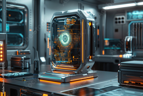 Futuristic Holographic Device in Minimalist Tech Workspace

