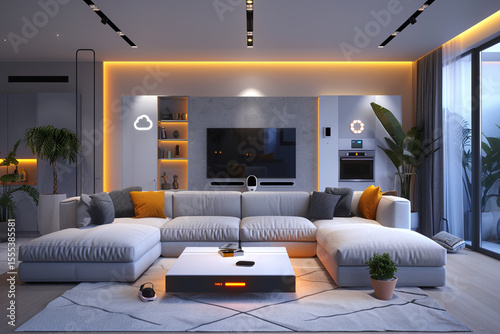 Modern Living Room with Integrated Smart Home Technology and Ambient Lighting

