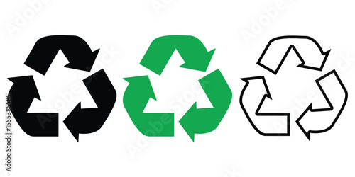 Recycle Icon Set Vector. Black, Green, and Outline Versions for Eco Design.