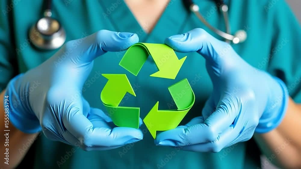 Doctor holding green recycle symbol wearing blue gloves for eco healthcare concept
