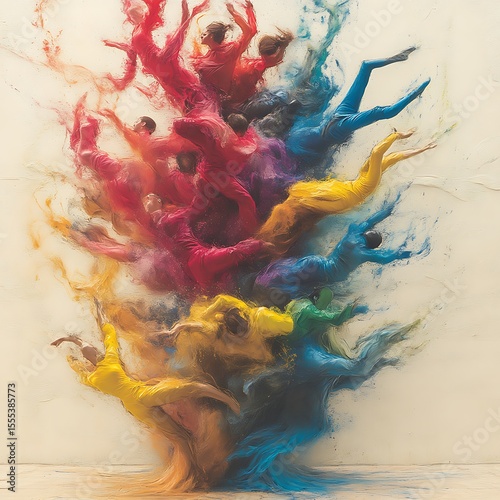 Colorful dancers in mid-air, painted in vibrant hues