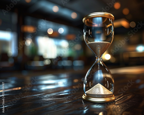 Elegant Hourglass on Dark Wood Table with Flowing Sand Close-Up


