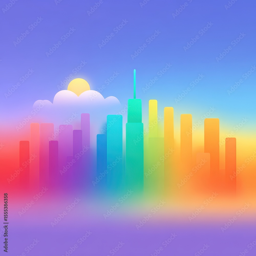 Fototapeta premium Rainbow cityscape illustration with buildings, sun, and clouds colorful concept