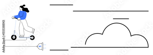 Woman moves on an electric scooter connected via a charging cable alongside abstract cloud lines. Ideal for clean energy, sustainability, tech innovation, eco-transport, environment, mobility, modern