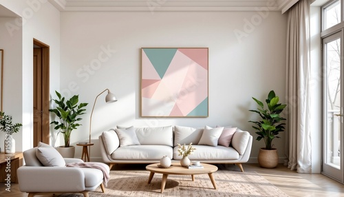 modern living room interior with wooden frame showcasing pastel geometric abstract art on white wall, soft natural lighting, scandinavian style