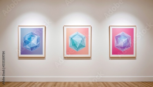white gallery wall with three framed pastel geometric prints hanging in row, modern art exhibition look, soft lighting