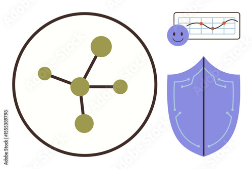 Network nodes interconnected in a circle with a shield symbolizing protection and a graph for data insight. Ideal for technology, cybersecurity, data analysis, networking, research, safety