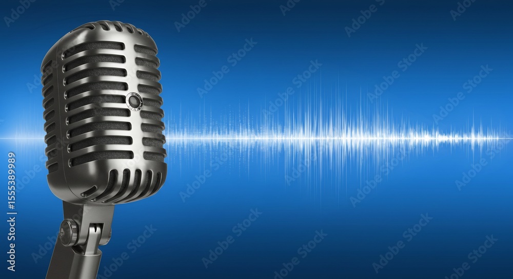Fototapeta premium Vintage Microphone with Soundwave on Blue Background