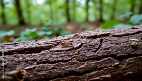 an ant trail along a cracked wooden log in the forest, selective focus on a single ant carrying food, blurred green background