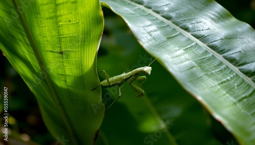 a praying mantis hiding in banana leaf folds, dramatic jungle shadows and green layered composition