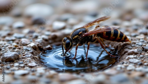 a wasp drinking water from a tiny puddle on stone, high contrast macro with earthy tones and shallow depth