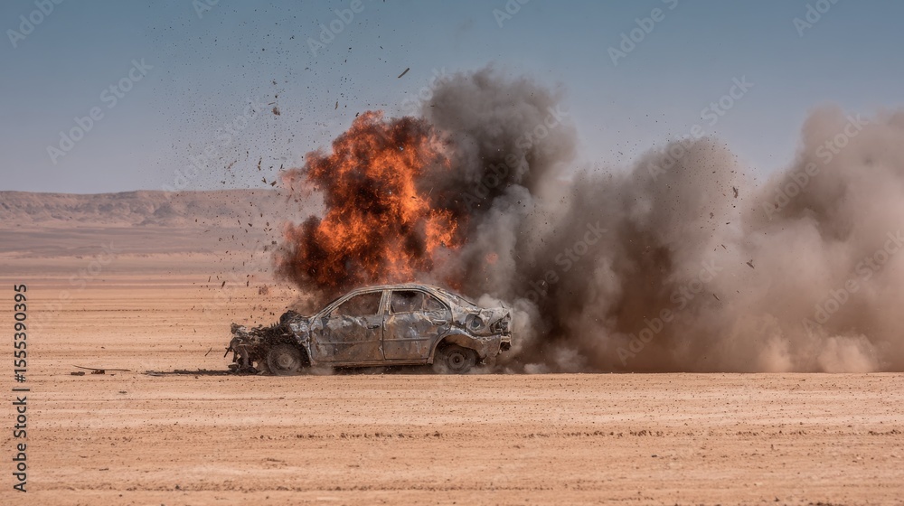 Fototapeta premium Burning car with black smoke and flames in desert after front-end explosion, vehicle parts scattered across sand, captured from low angle to emphasize dramatic destruction and heat intensity.