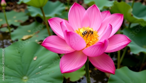 a honeybee collecting nectar from a dok bua (thai lotus flower), vibrant pink petals and pond background