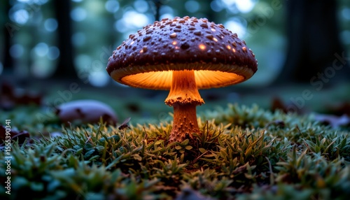 a firefly glowing beneath a mushroom during twilight, magical atmosphere and bioluminescent glow on surrounding moss