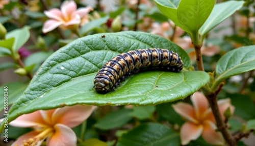a caterpillar crawling on a dok champa (plumeria) leaf, sharp detail of body and tropical garden atmosphere