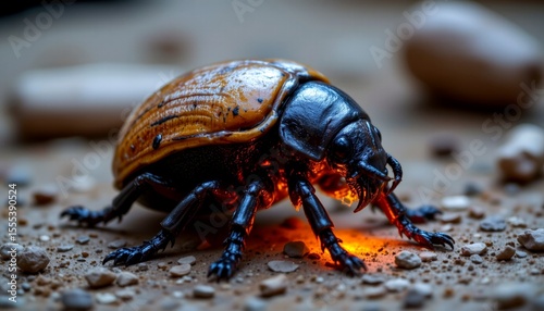 a beetle with a miniature elf blacksmith fixing its shell like armor, tiny tools and glowing workshop vibe