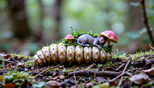 a caterpillar curled up like a bed with a sleeping forest sprite on top, mushroom and moss surroundings