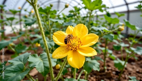 a bee pollinating cucumber flower in organic greenhouse, agricultural setting with natural lighting