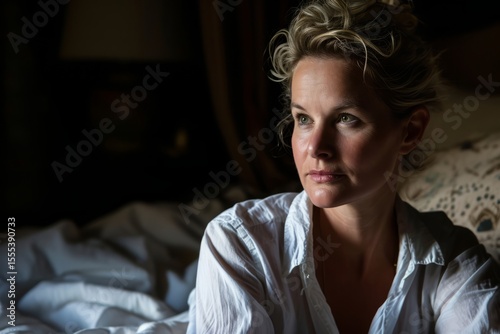 Portrait of a beautiful woman in a white shirt sitting in bed