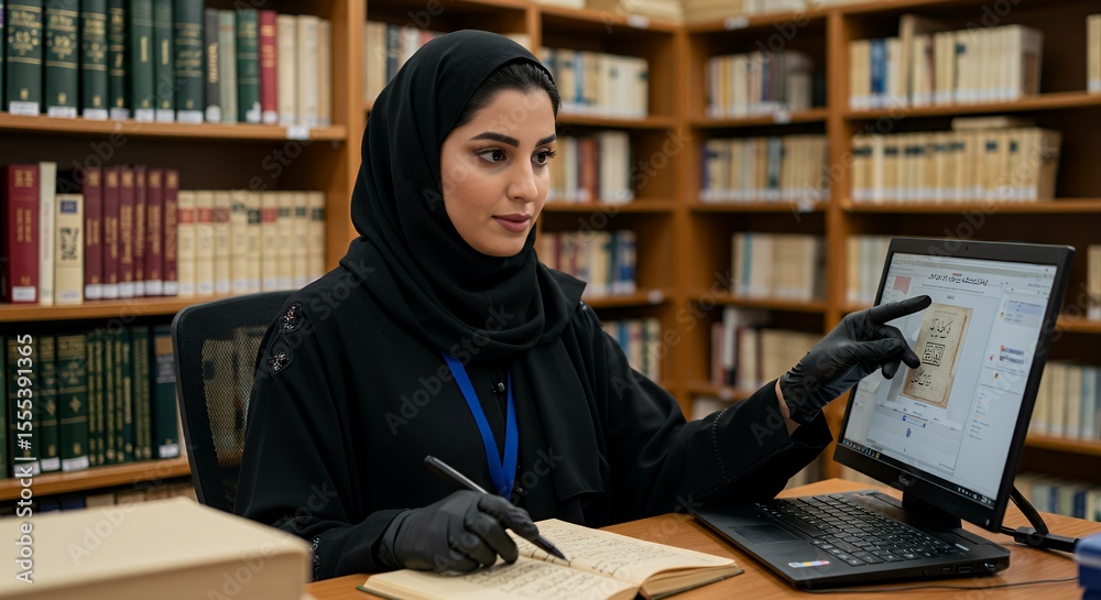 Scholar meticulously researches ancient texts in a library, using modern technology to preserve history. Scholar meticulously researches ancient texts in a library, using modern technology to preserve history.