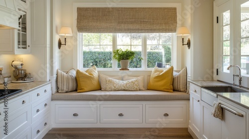 Sunlit kitchen nook with window seat, surrounded by white cabinets and warm lighting