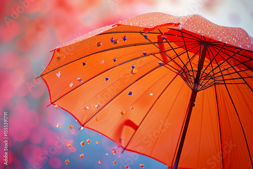 A vibrant orange umbrella with a collection of tiny, multicolored geometric shapes suspended from its canopy, creating a playful, eye-catching display.