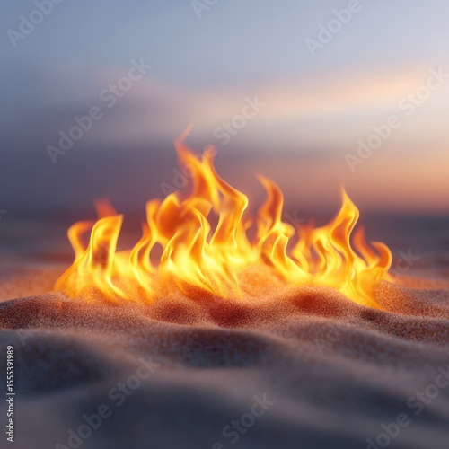 Abstract fire on sand landscape, sunset, desert, flame, energy, heat, danger, burning, summer