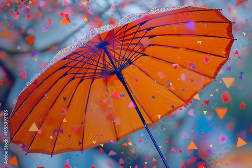 A vibrant orange umbrella with a collection of tiny, multicolored geometric shapes suspended from its canopy, 