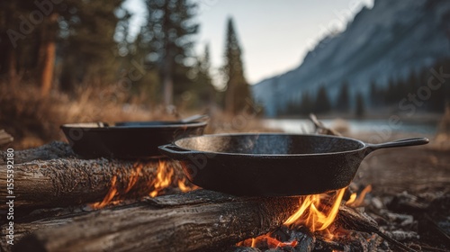 Wallpaper Mural Two cast iron skillets cooking over an open fire beside a serene lake surrounded by mountains Torontodigital.ca