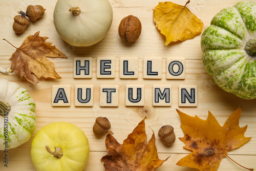 Pumpkins with acorns, leave...
