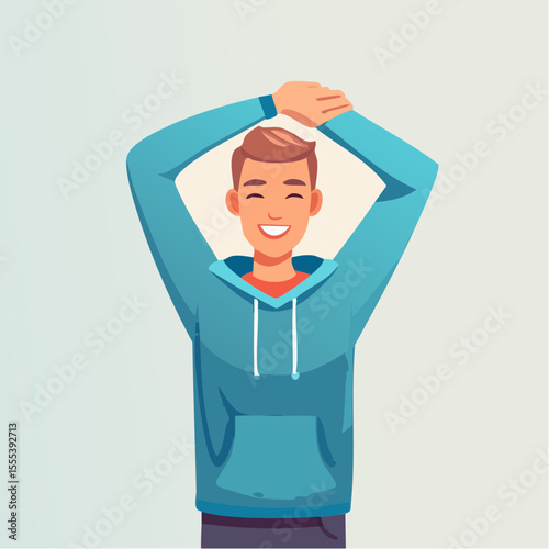 Vector images of men casually stretching, smiling and active in leisurewear, reflecting fitness, flexibility, and positive daily routines.