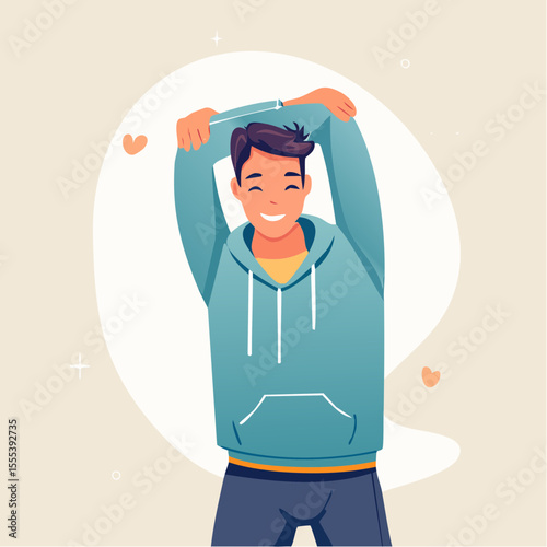 Vector images of men casually stretching, smiling and active in leisurewear, reflecting fitness, flexibility, and positive daily routines.