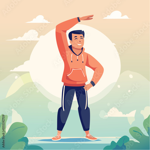 Vector images of men casually stretching, smiling and active in leisurewear, reflecting fitness, flexibility, and positive daily routines.