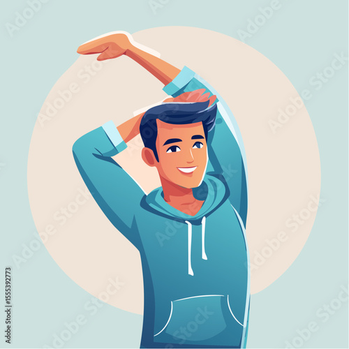 Vector images of men casually stretching, smiling and active in leisurewear, reflecting fitness, flexibility, and positive daily routines.