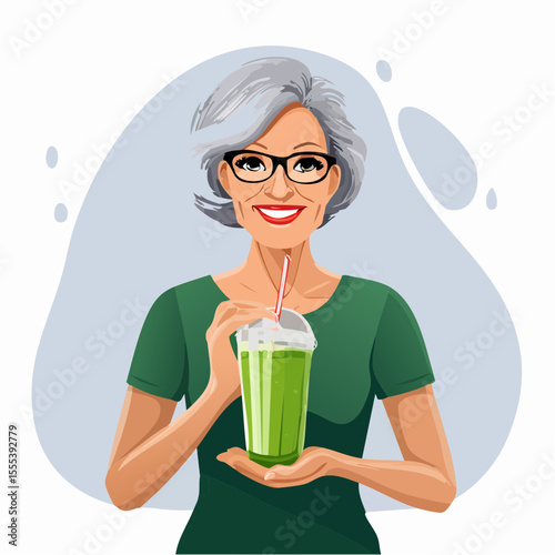 Vector portraits of smiling older adults holding green smoothies, symbolizing health, vitality, and positive lifestyle choices with clean design and cheerful tones.