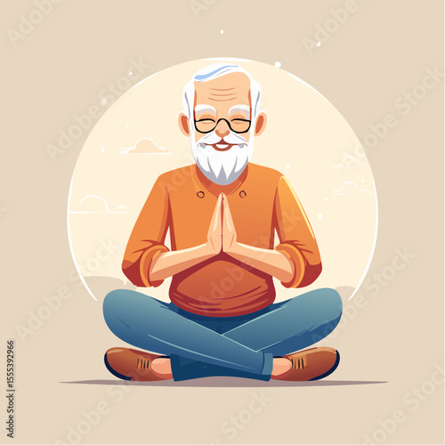 Vector of an older man with white hair and beard meditating peacefully, hands in prayer position, radiating calm and well-being.