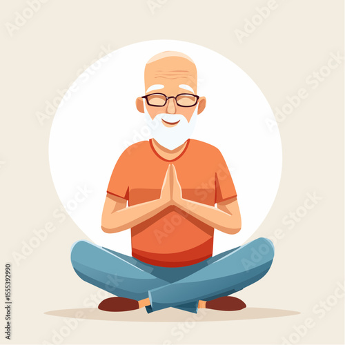 Vector of an older man with white hair and beard meditating peacefully, hands in prayer position, radiating calm and well-being.