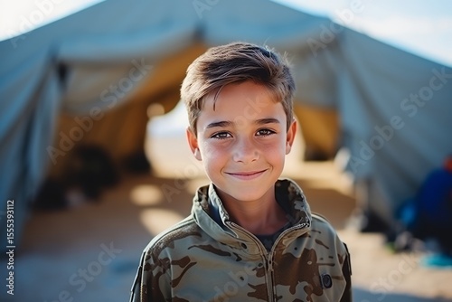 Portrait of a smiling boy standing in front of a tent outdoors