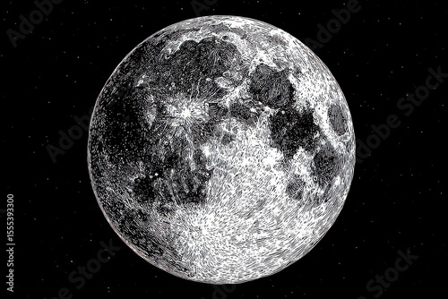 Engraved Moon with Craters in Detailed Style against a Starry Transparent Background