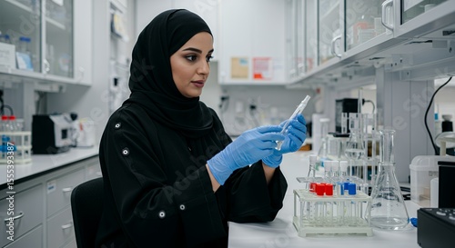 Muslim Scientist in Lab Coat Carefully Examines Sample