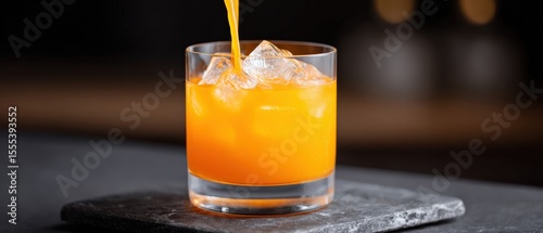 Orange juice being poured into glass with ice on counter at bar, refreshment drink