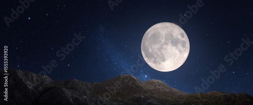 Full Moon Night Sky Over Mountain Range with Stars and Milky Way Landscape